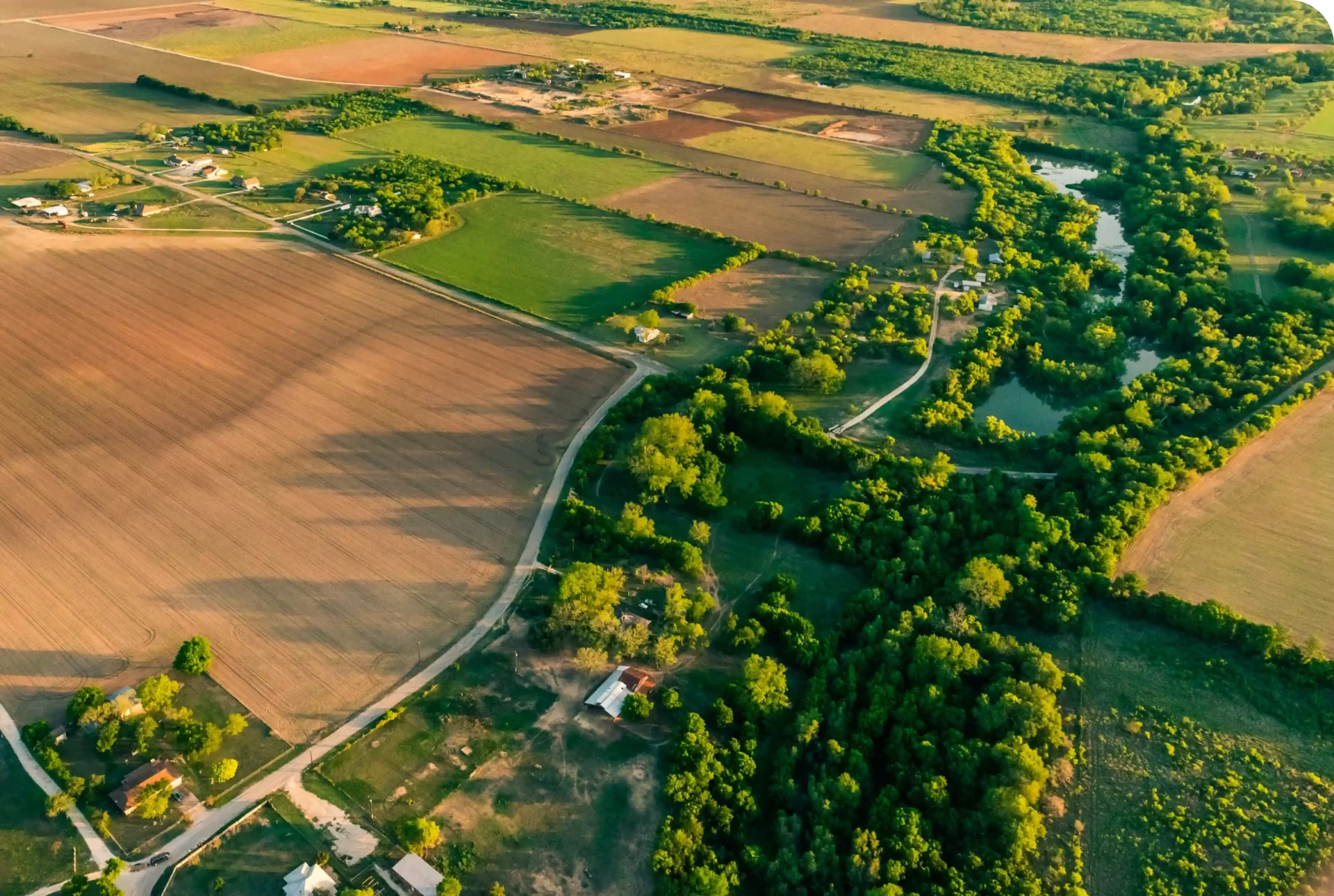 A bird 's eye view of some fields and trees.